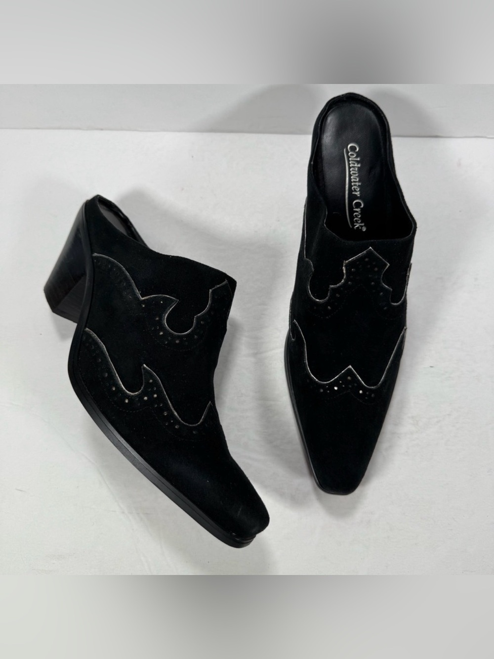 Coldwater Creek Black Suede Western Block Heel Slip On Mules Women Size 8M